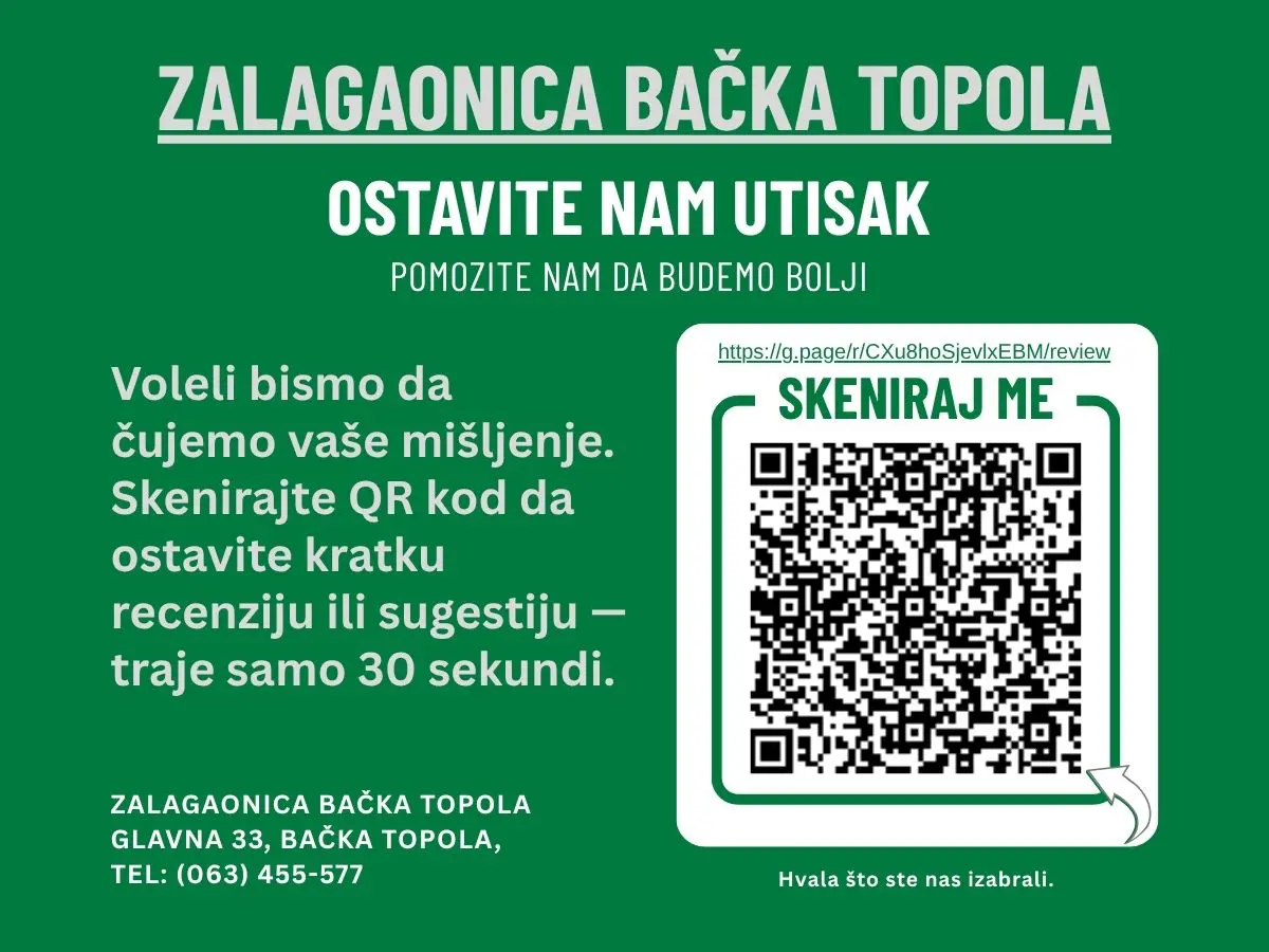 QR kod — ostavite recenziju za Zalagaonica Bačka Topola na Google-u