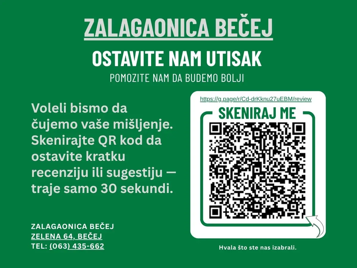 QR kod — ostavite recenziju za Zalagaonica Bečej na Google-u